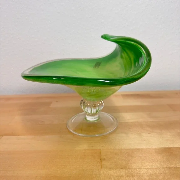 Murano Glass Pedestal Bowl Green Swirl Italian Art Glass Candy Dish